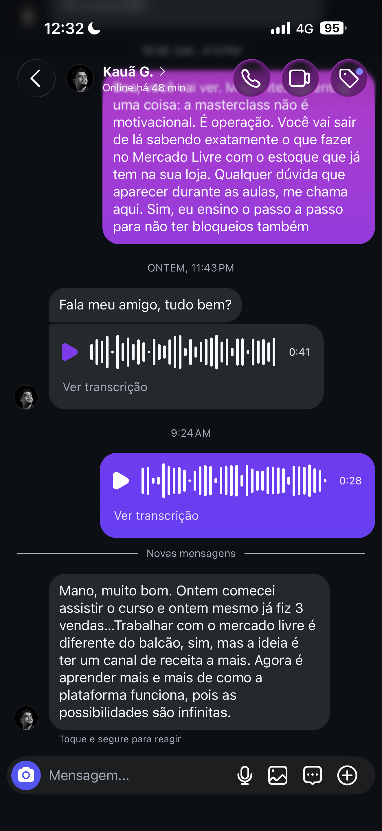 Conversa real com um aluno contando que fez 3 vendas no primeiro dia