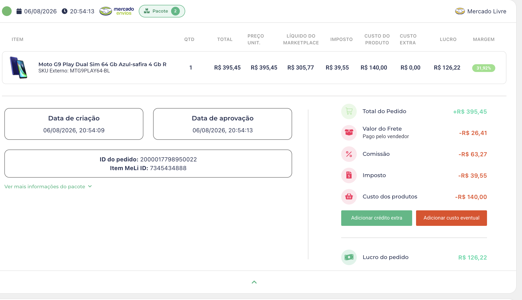 Print do pedido no Mercado Livre: Moto G9 Play 64GB, lucro R$ 126,22, margem 31,92%