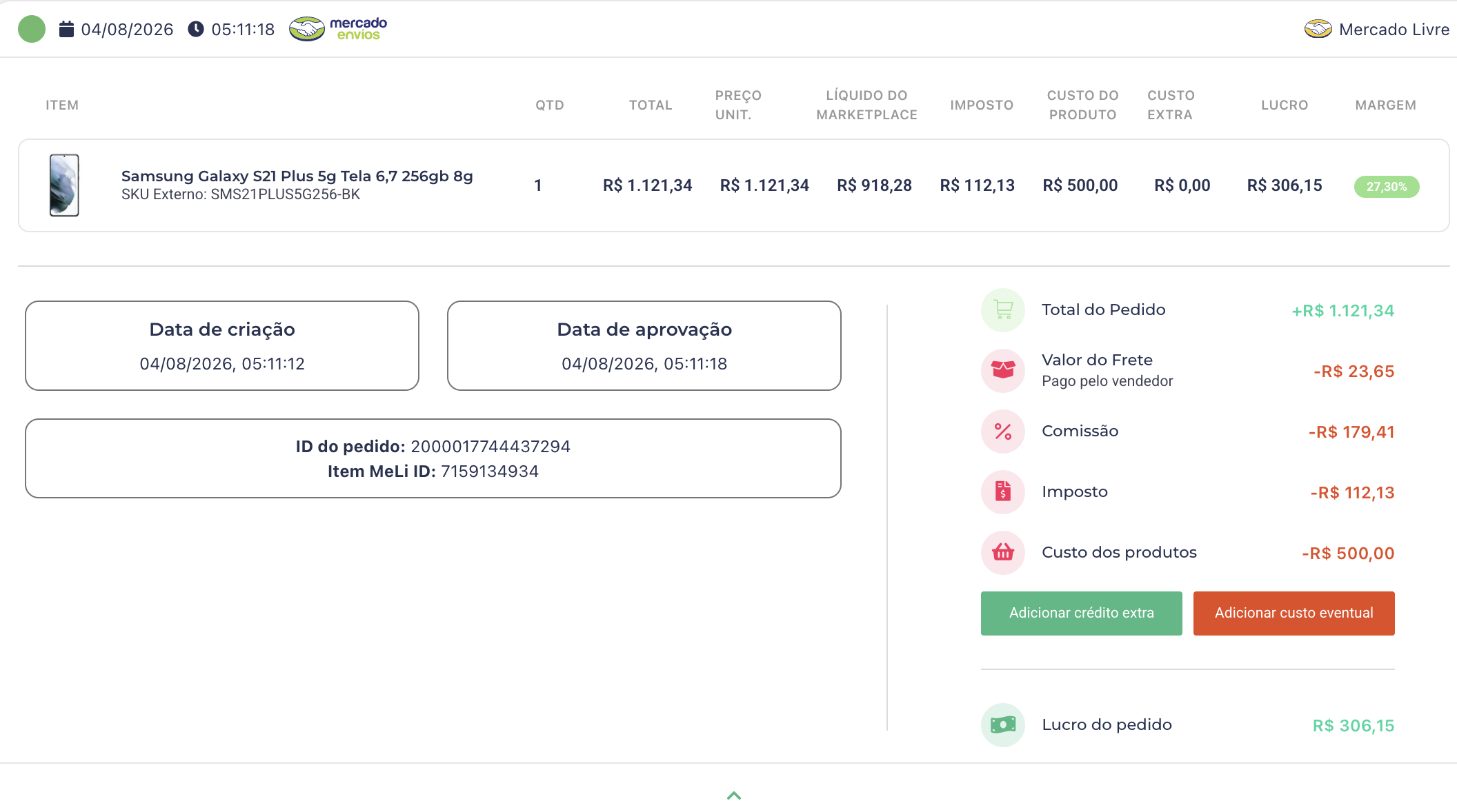 Print do pedido no Mercado Livre: Samsung Galaxy S21 Plus 5G, lucro R$ 306,15, margem 27,30%